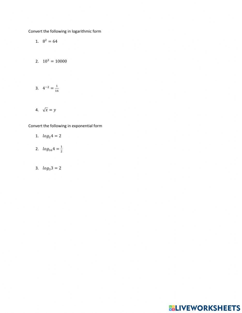 Logarithmic worksheet | Live Worksheets