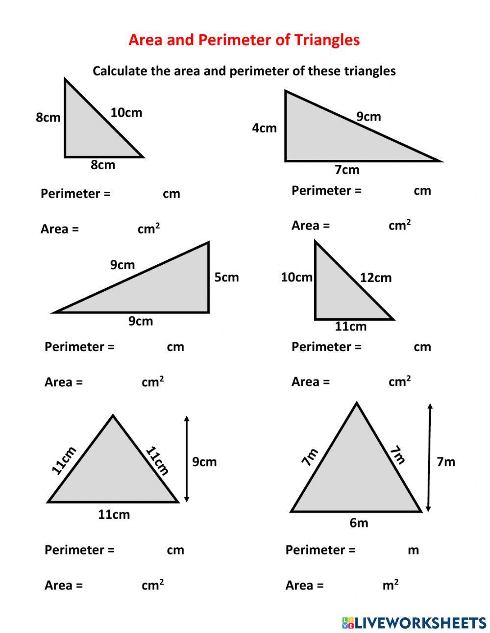 Perimeter and area of triangles 2 worksheet Live Worksheets
