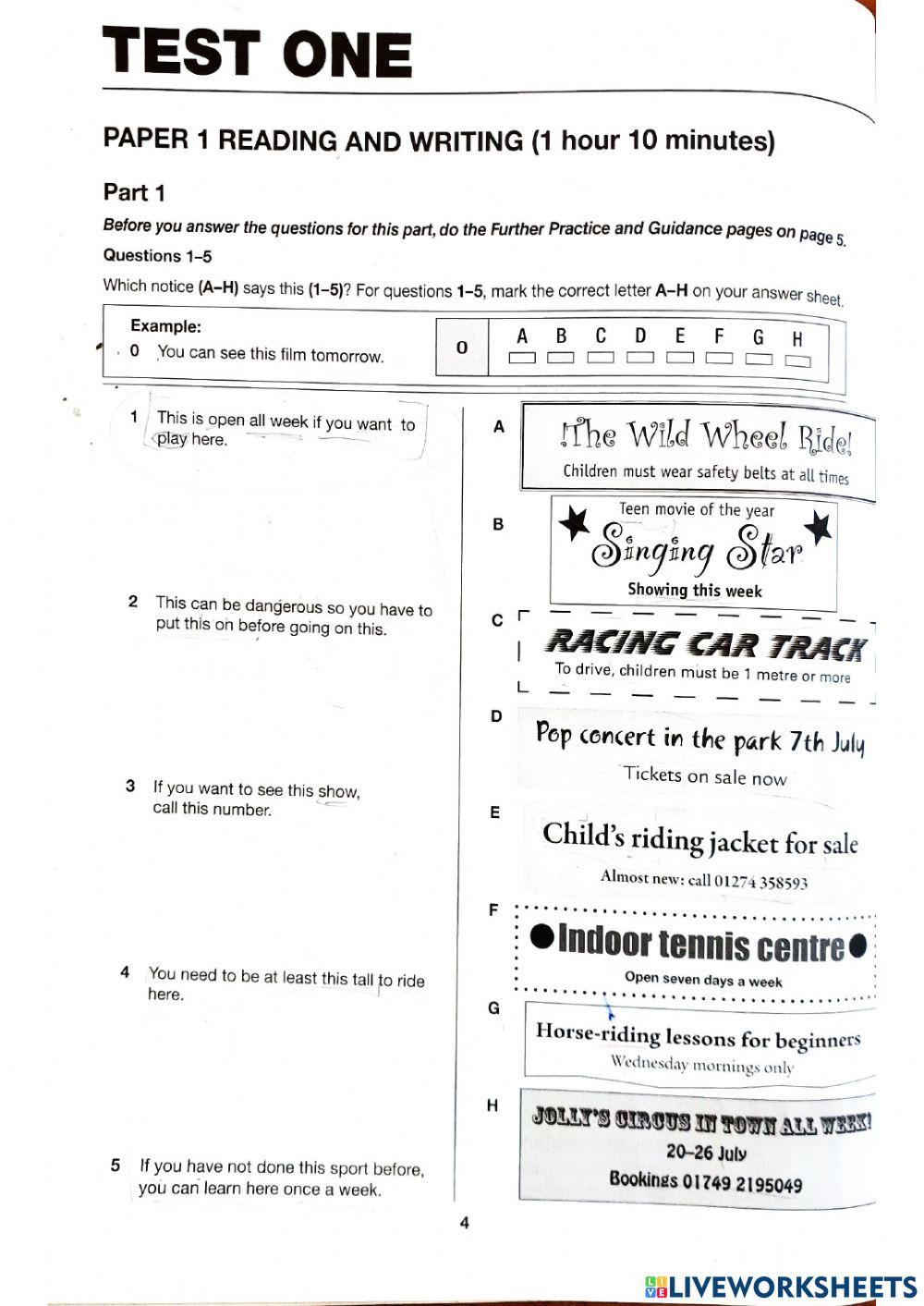 KET TEST 1 READING AND WRITING