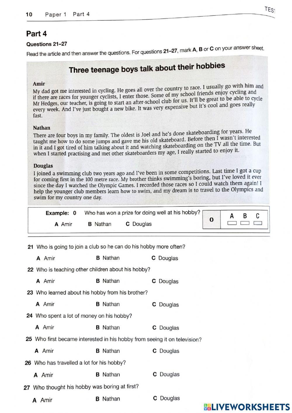 KET TEST 1 READING AND WRITING