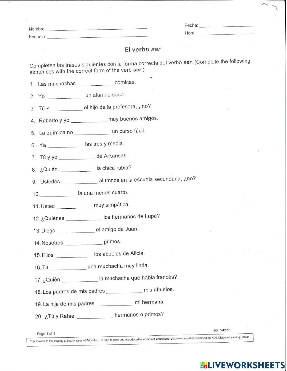 El Verbo SER -1-20 worksheet | Live Worksheets El Verbo SER -1-20 worksheet | Live Worksheets