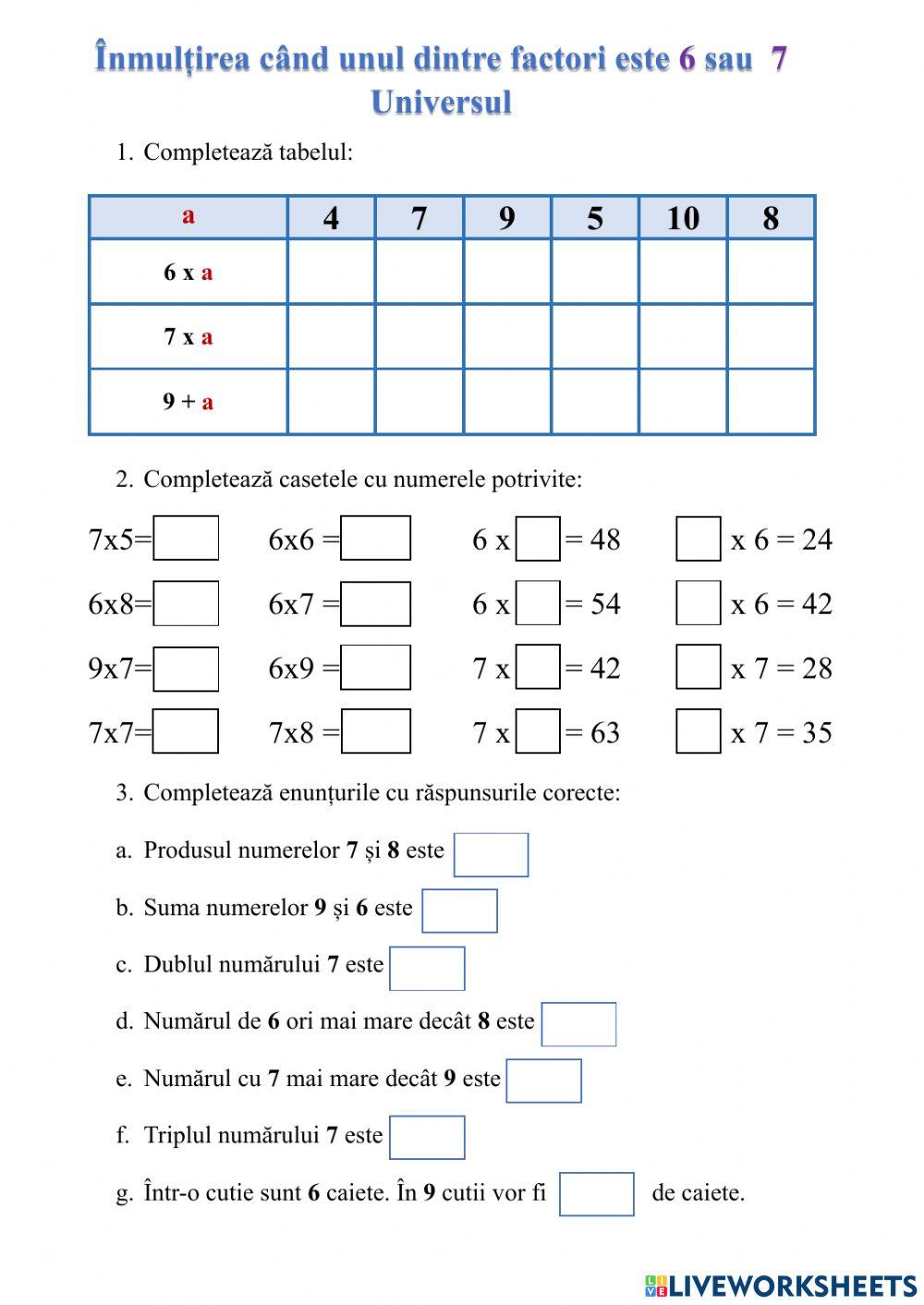 Înmulțirea când unul dintre factori este 6 sau 7
