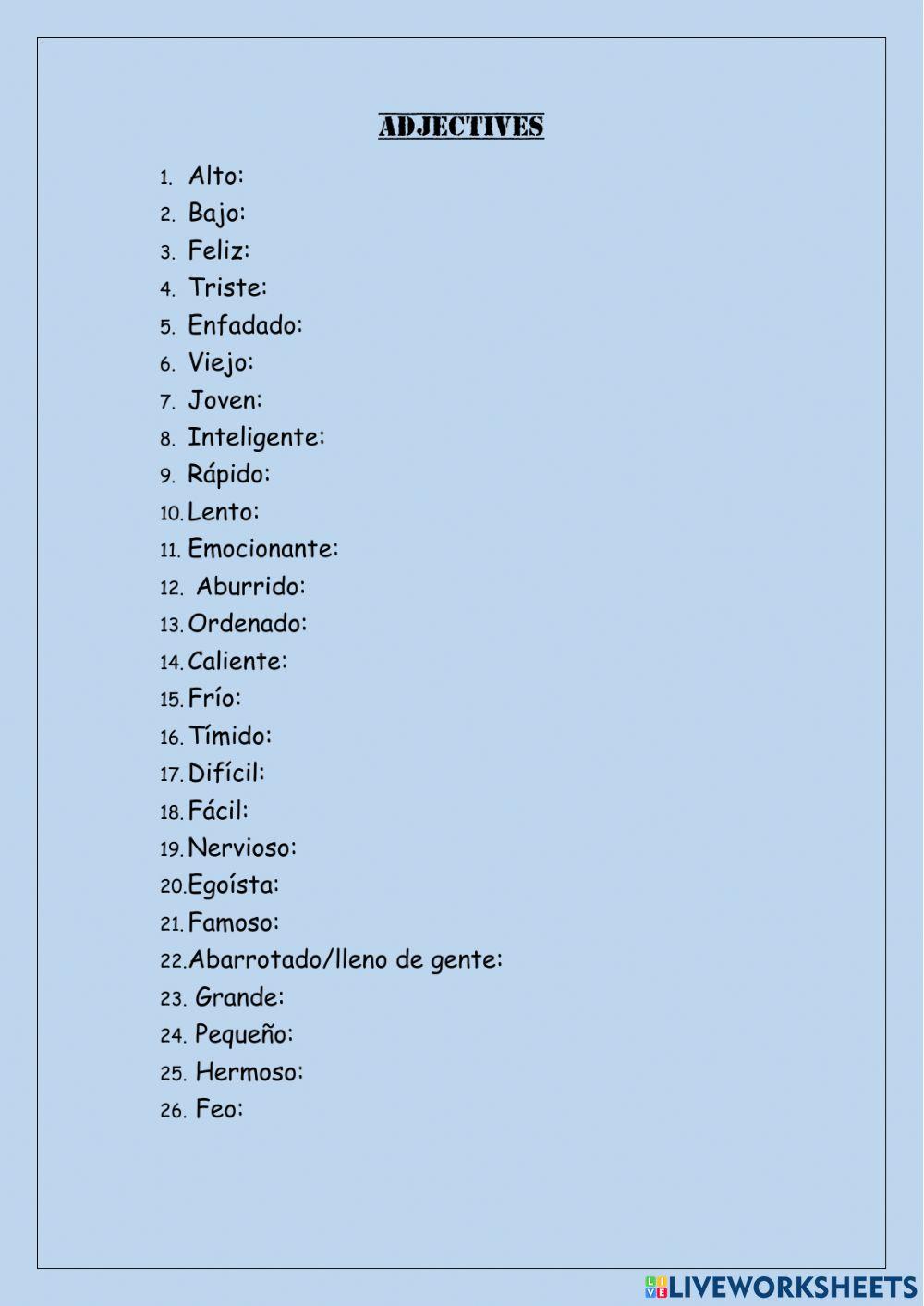 Vocabulary adjectives Yan