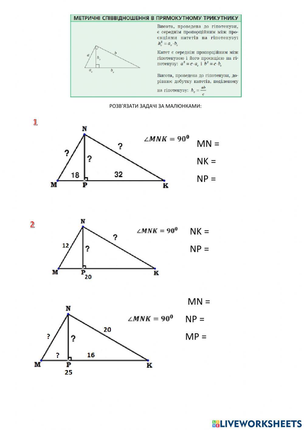 Метричні співвідношення в прямокутному трикутнику