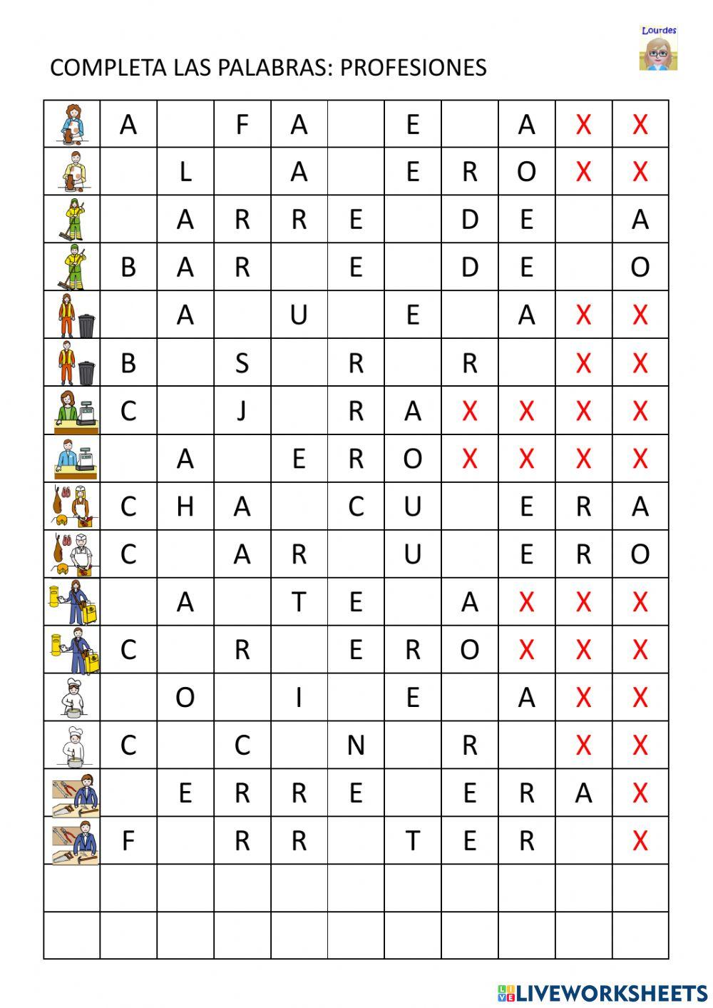 Profesiones. palabras mutiladas