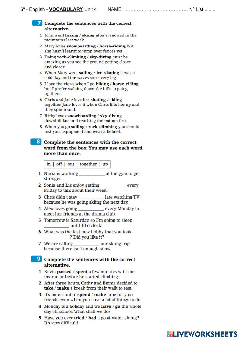 Vocabulary: outdoor activities and free time