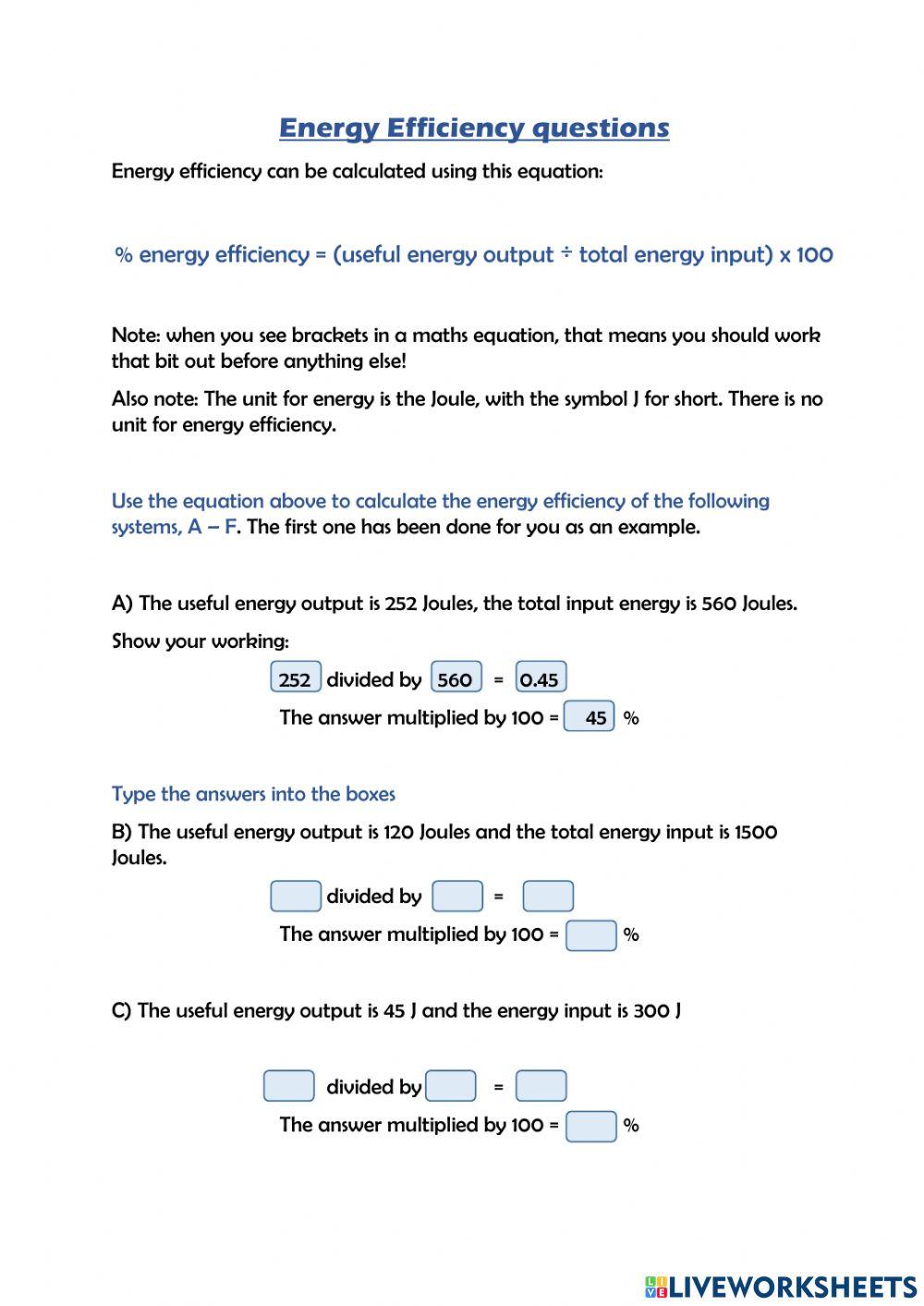 Energy Input Output Worksheet