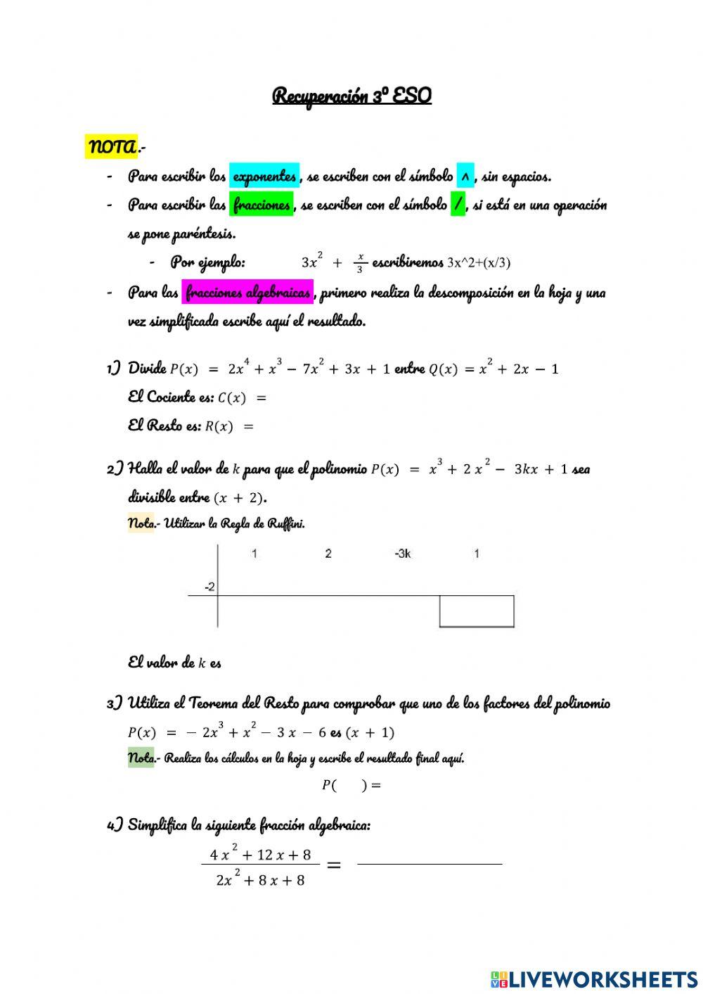 Recuperación 2ª Evaluación - 3º ESO