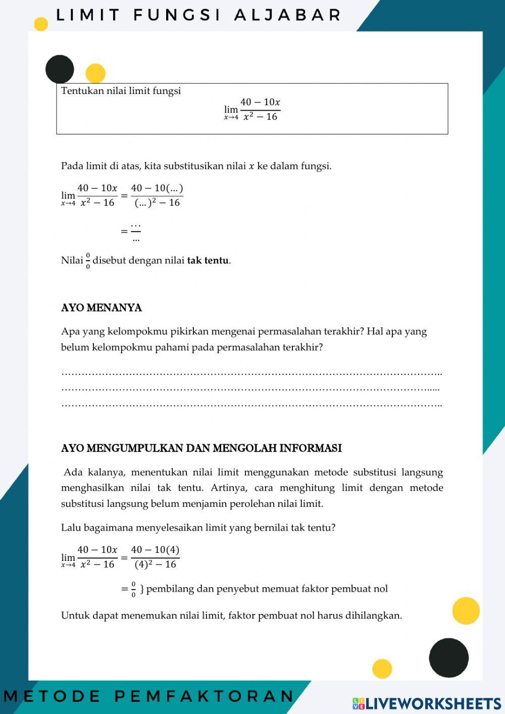 Limit Fungsi Aljabar menggunakan Metode Substitusi Langsung dan Pemfaktoran