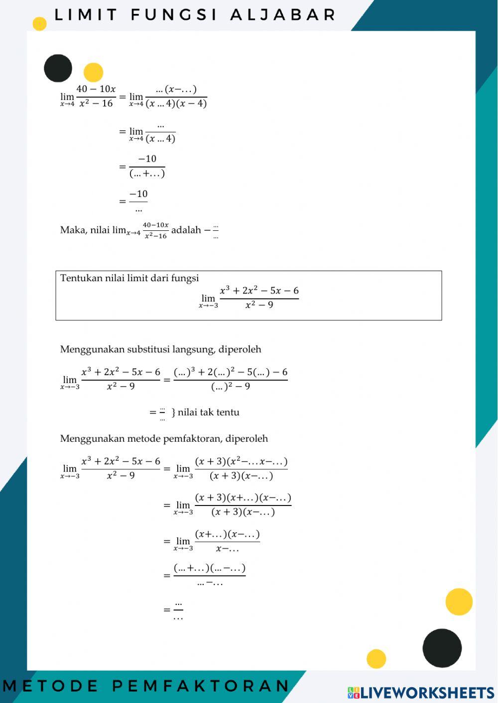 Limit Fungsi Aljabar menggunakan Metode Substitusi Langsung dan Pemfaktoran