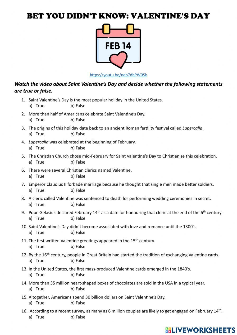 Listening: True or False? - HISTORY OF SAINT VALENTINE'S DAY