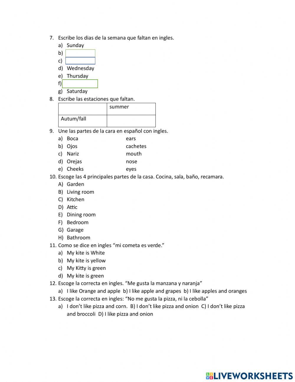 Test de evaluacion en ingles para principiantes