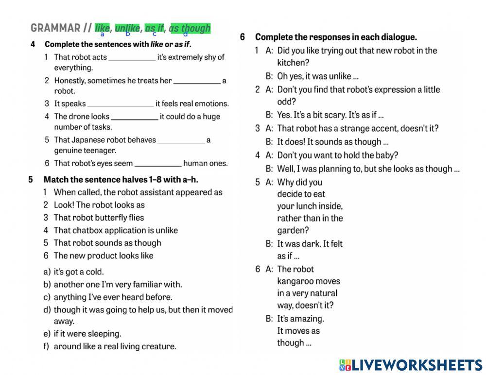 English 4 workbook like, unlike, as if, as though