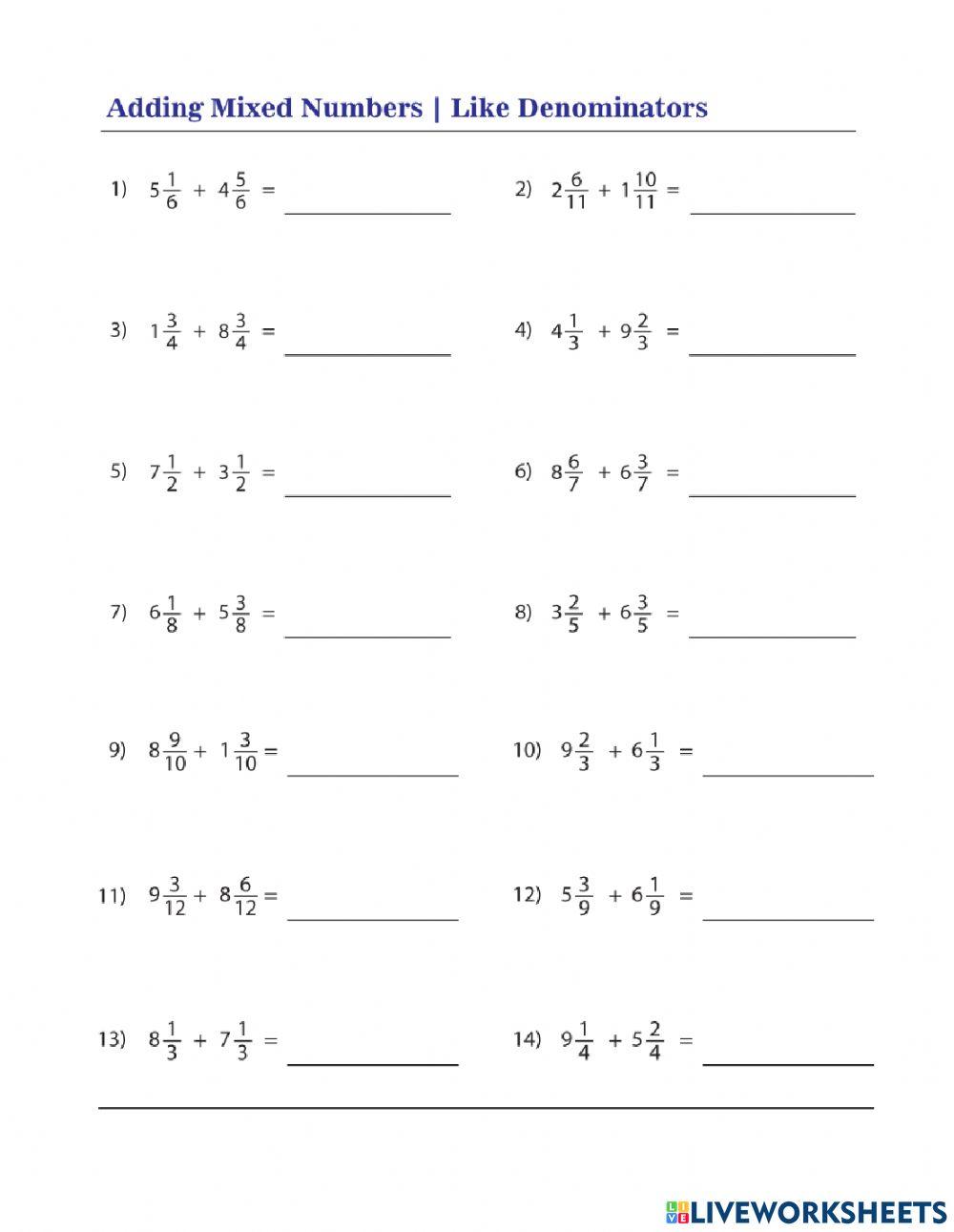 Adding Mixed Numbers with Like Denominators Worksheet 1 online exercise