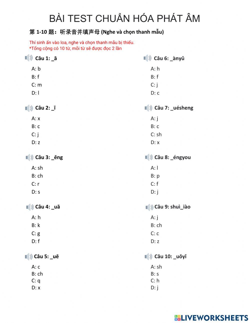 Bài test chuẩn hóa phát âm