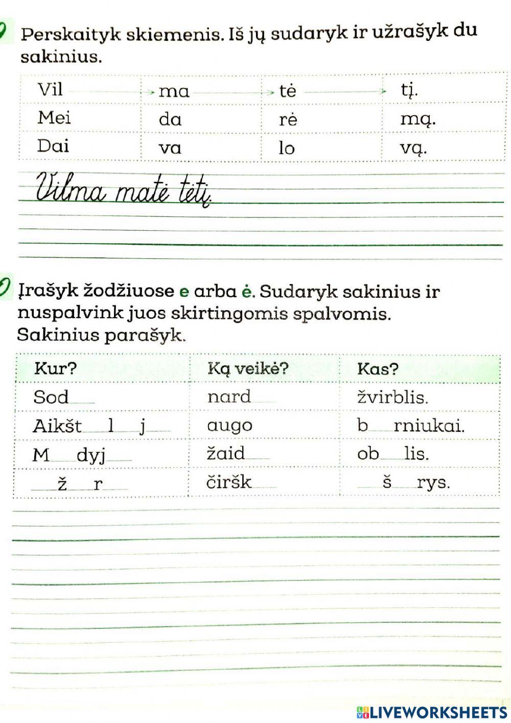 Žodžių ir sakinių sudarymas 2kl