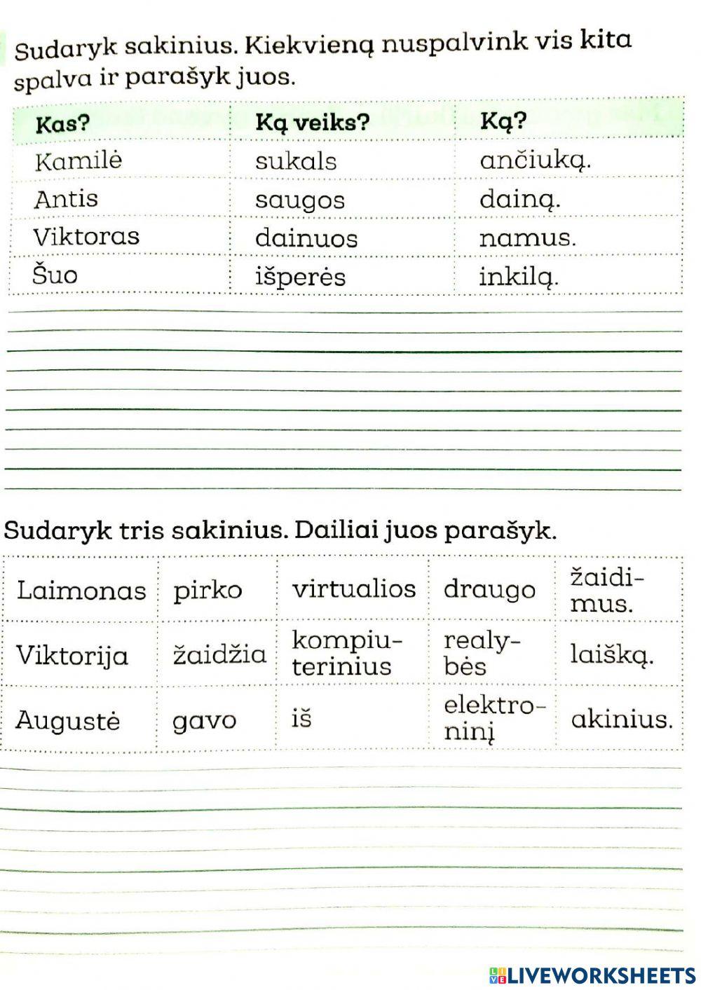 Žodžių ir sakinių sudarymas 2kl