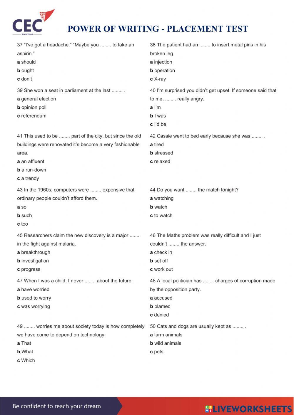 Placement test - Power Writing worksheet | Live Worksheets