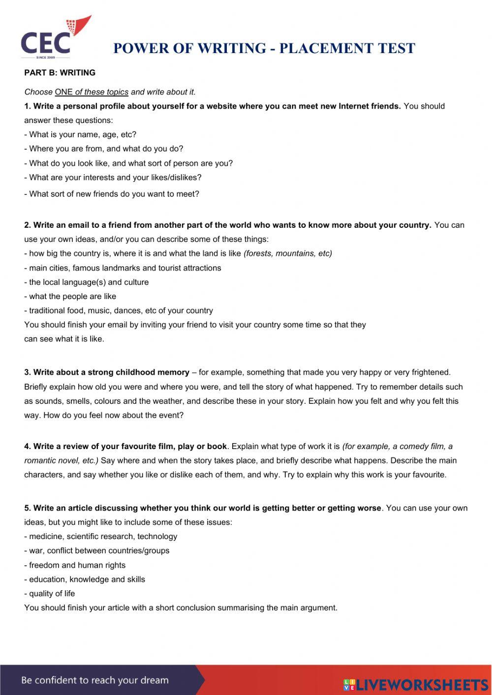 Placement test - Power Writing worksheet | Live Worksheets