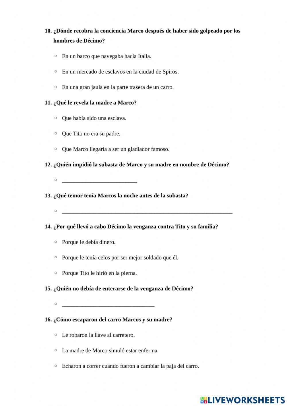 Comprensión lectora. Gladiador (Cap. 1-12)