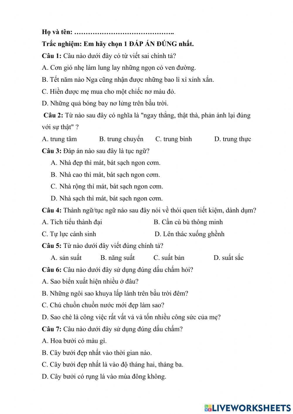 Ôn Tiếng Việt lớp 3 (Đề 1) cấp Huyện