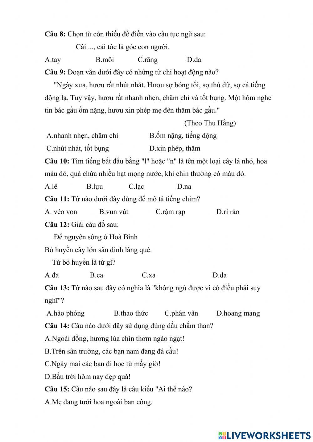 Ôn Tiếng Việt lớp 3 (Đề 1) cấp Huyện