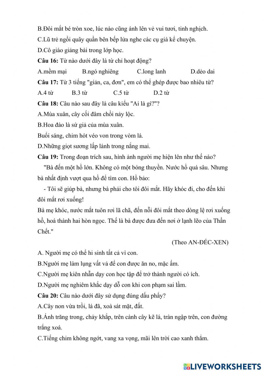 Ôn Tiếng Việt lớp 3 (Đề 1) cấp Huyện