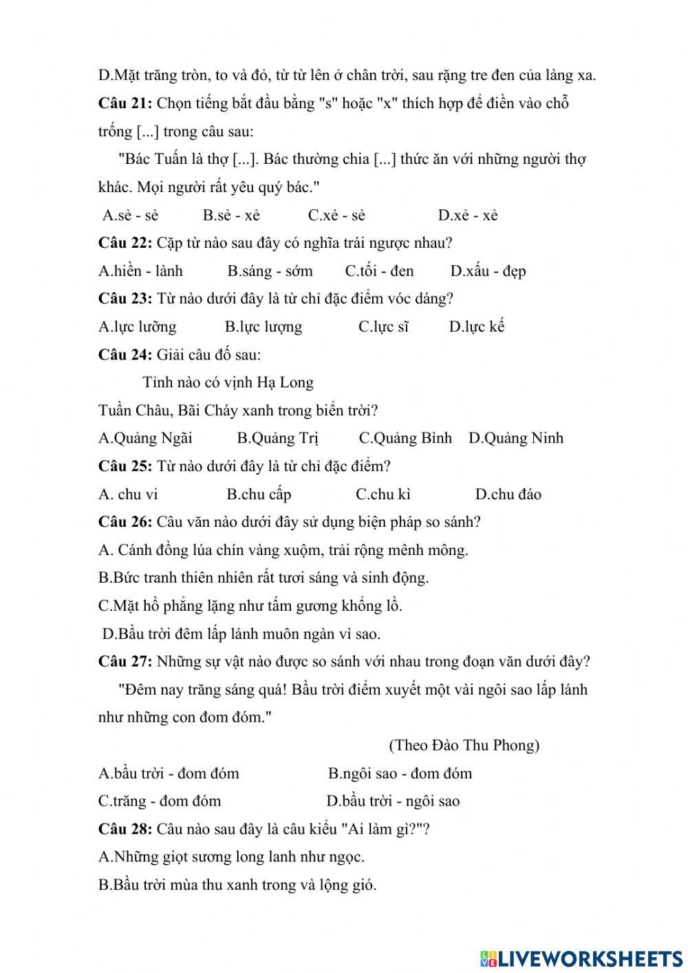 Ôn Tiếng Việt lớp 3 (Đề 1) cấp Huyện