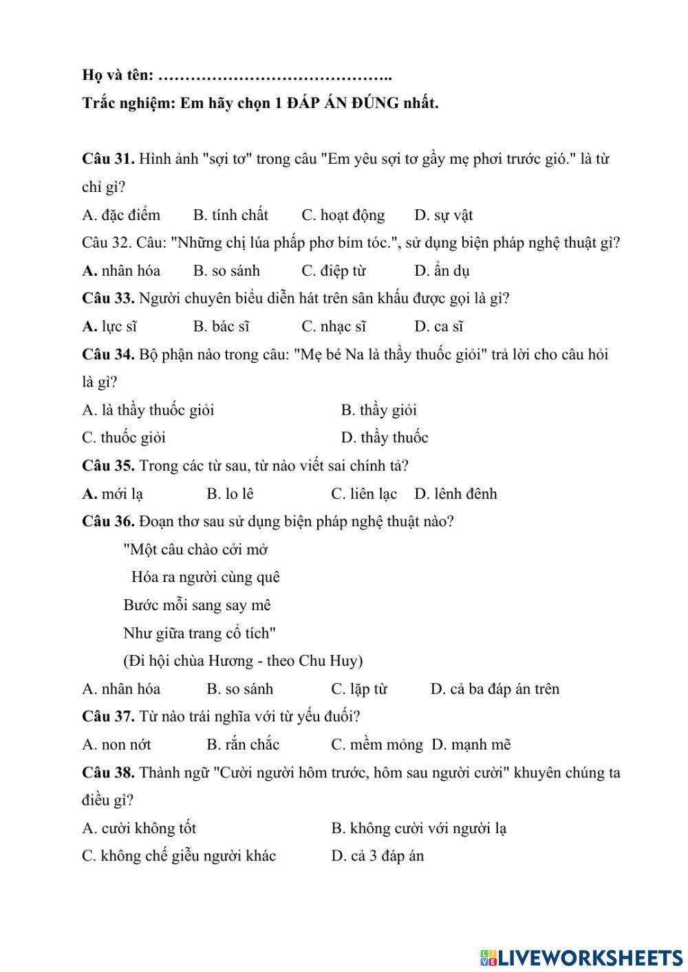 Ôn Tiếng Việt 3 (Đề 2) Vòng Huyện