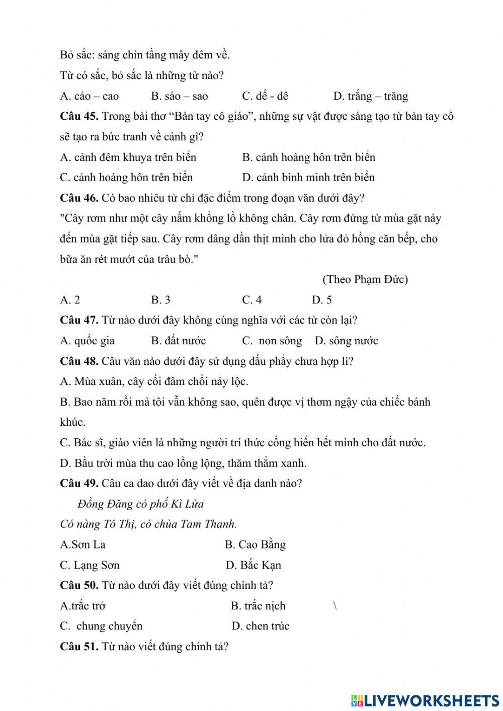 Ôn Tiếng Việt 3 (Đề 2) Vòng Huyện