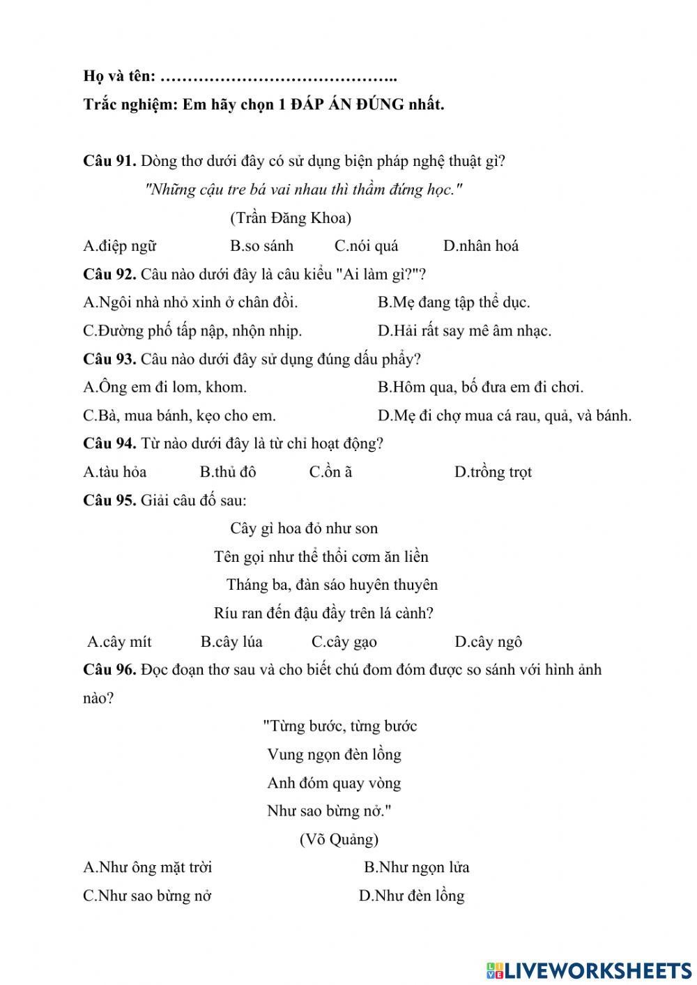 Ôn Tiếng Việt 3 (Đề 4) cấp Huyện