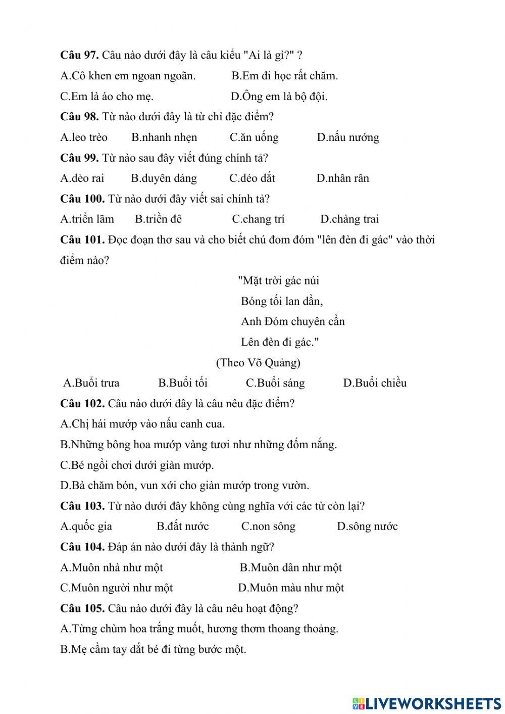 Ôn Tiếng Việt 3 (Đề 4) cấp Huyện