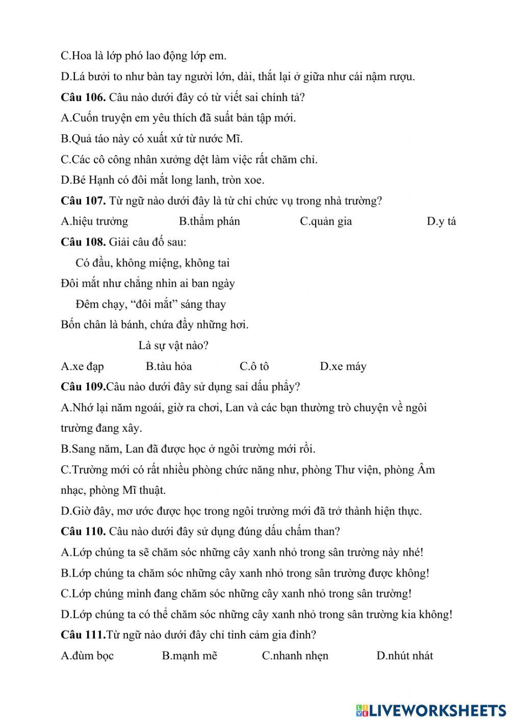 Ôn Tiếng Việt 3 (Đề 4) cấp Huyện