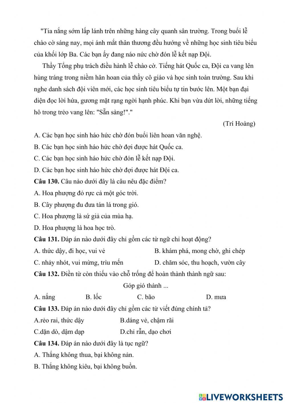 Ôn Tiếng Việt 3 (Đề 5) cấp Huyện