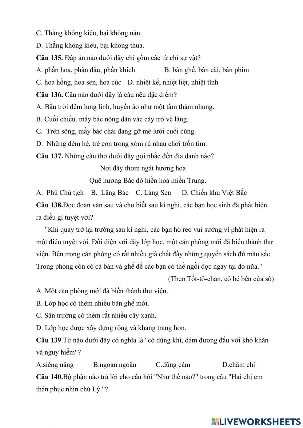 Ôn Tiếng Việt 3 (Đề 5) cấp Huyện