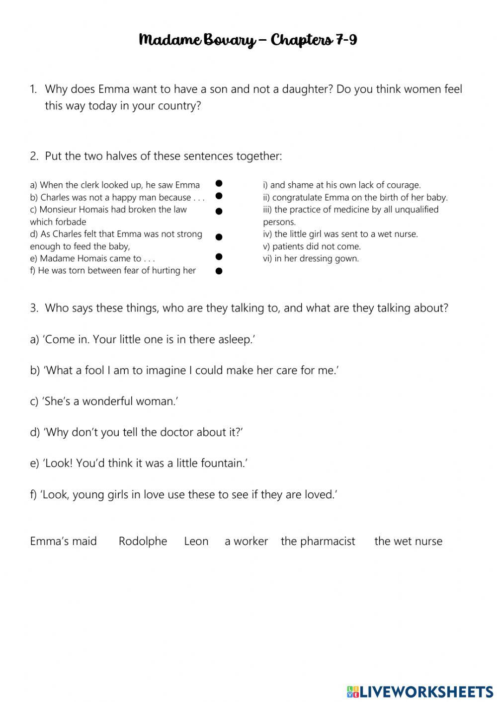 Madame Bovary Chapters 79 worksheet Live Worksheets