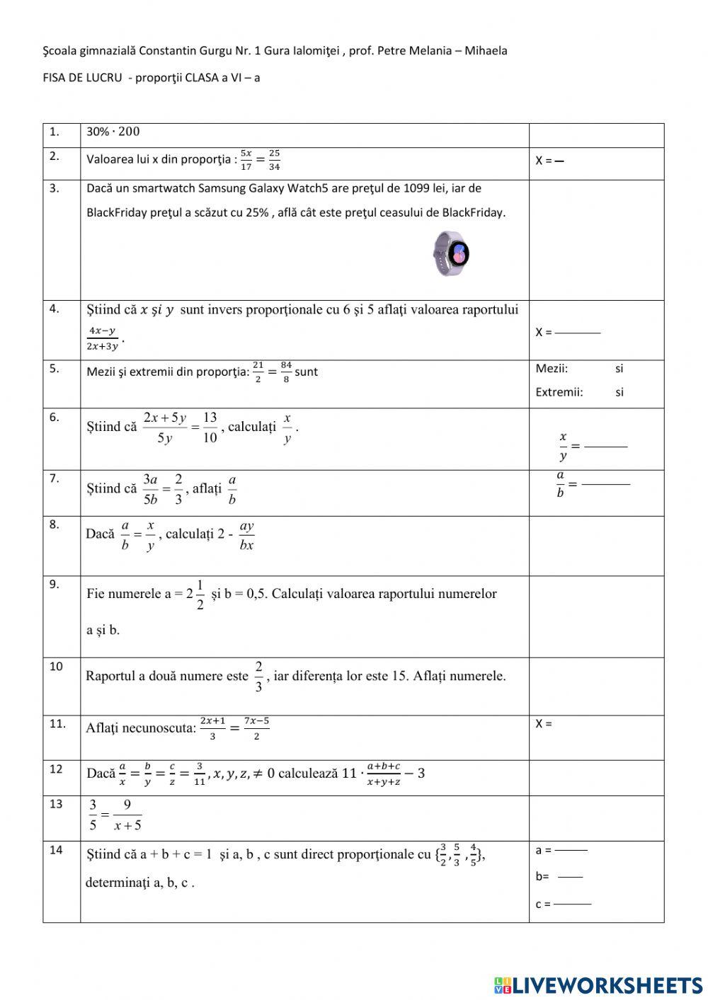 Fisa de lucru proportii