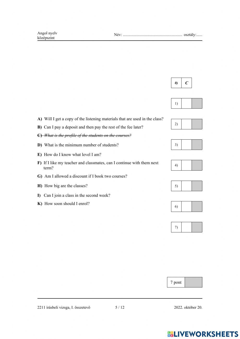 Angol középszintű érettségi 2022.október