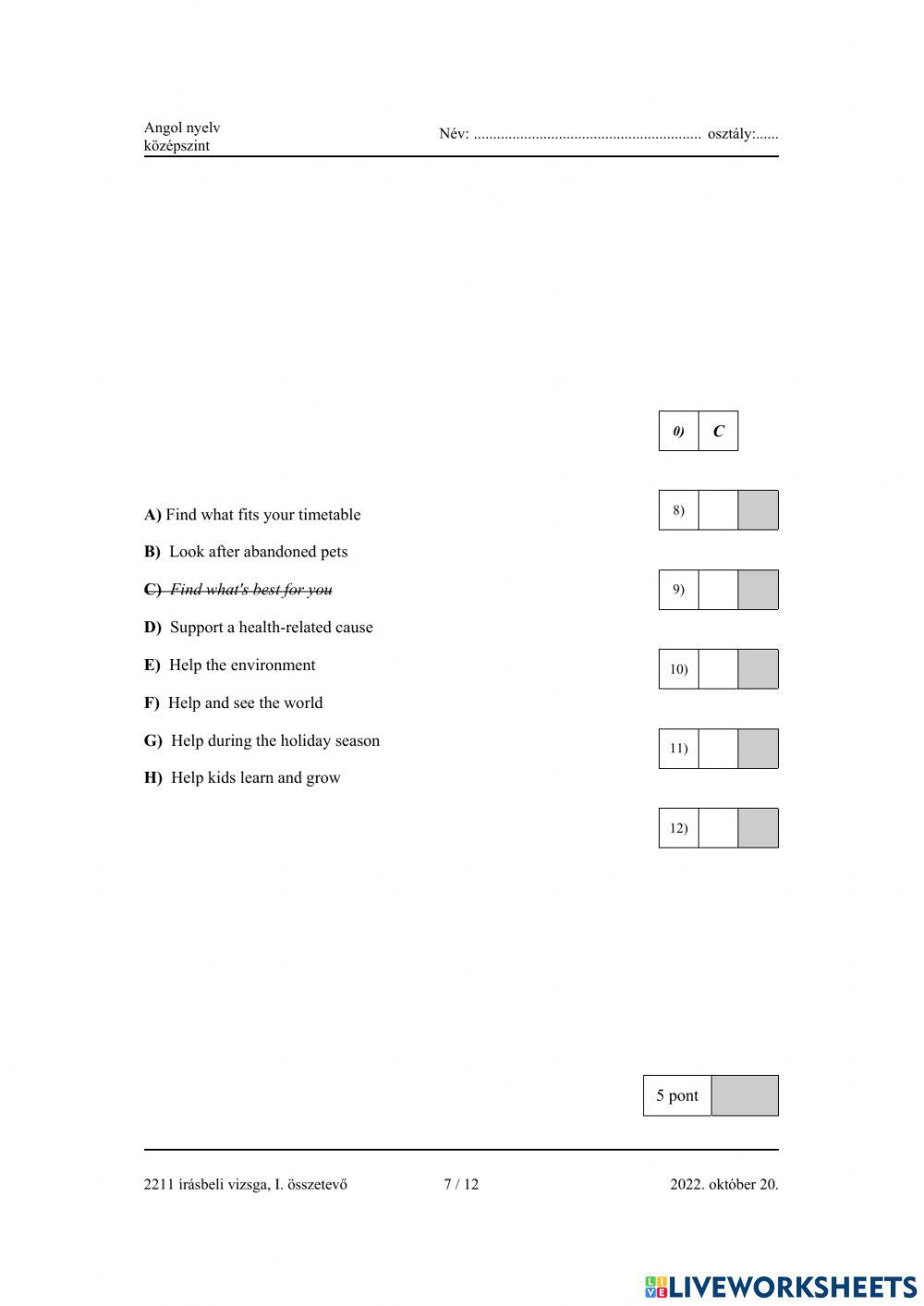 Angol középszintű érettségi 2022.október