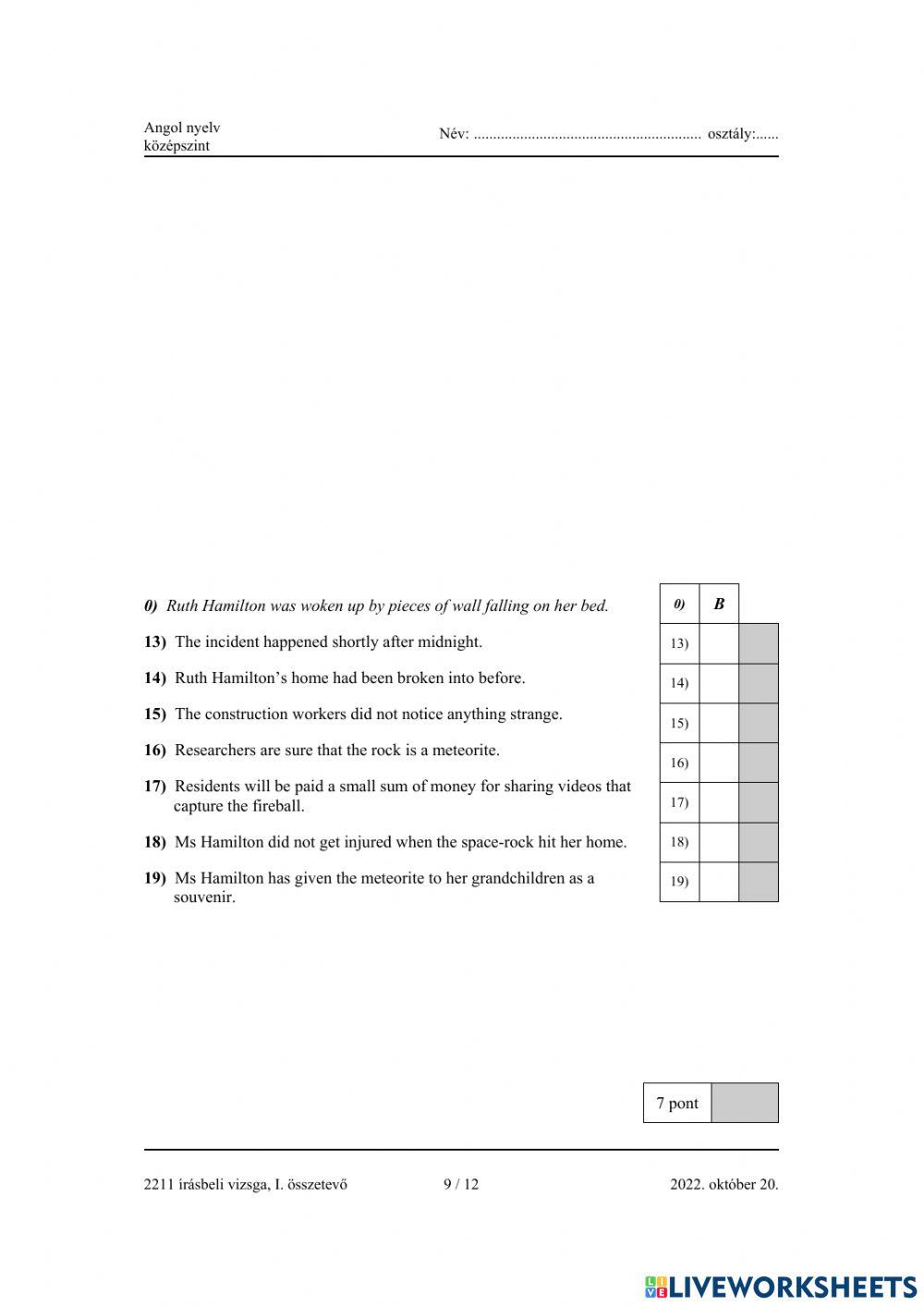 Angol középszintű érettségi 2022.október
