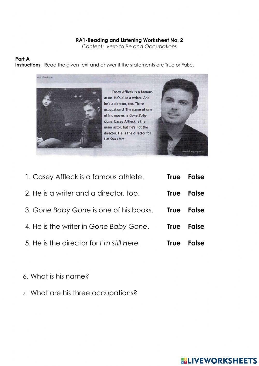 Verb to Be and Occupations-Reading and Listening