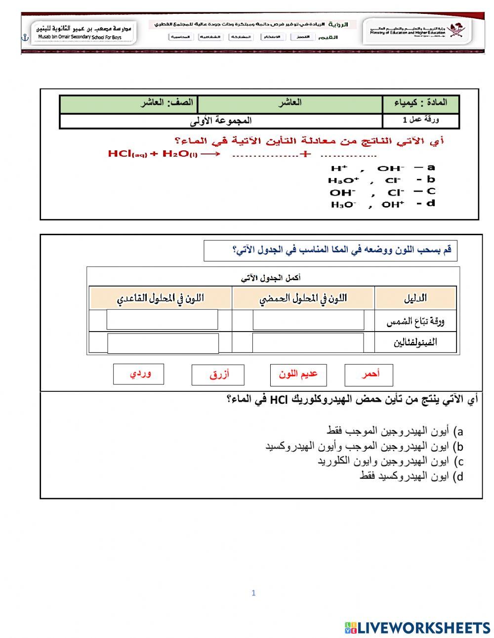 مراجعة - المجموعة 1- تأين الحمض والقاعدة