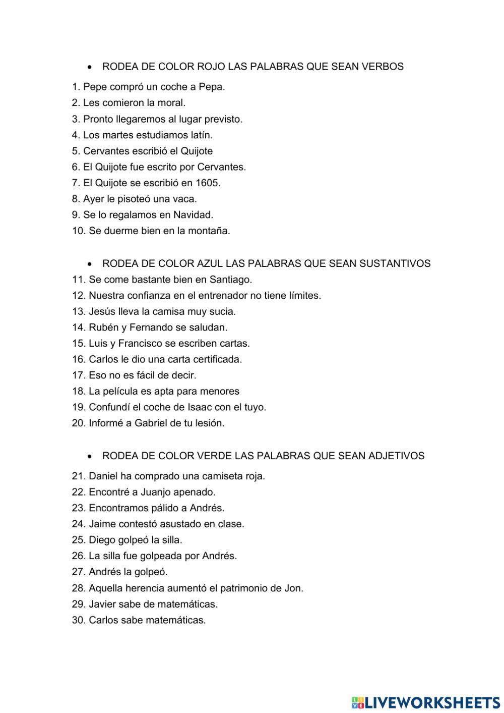 Sustantivos, verbos y adjetivos