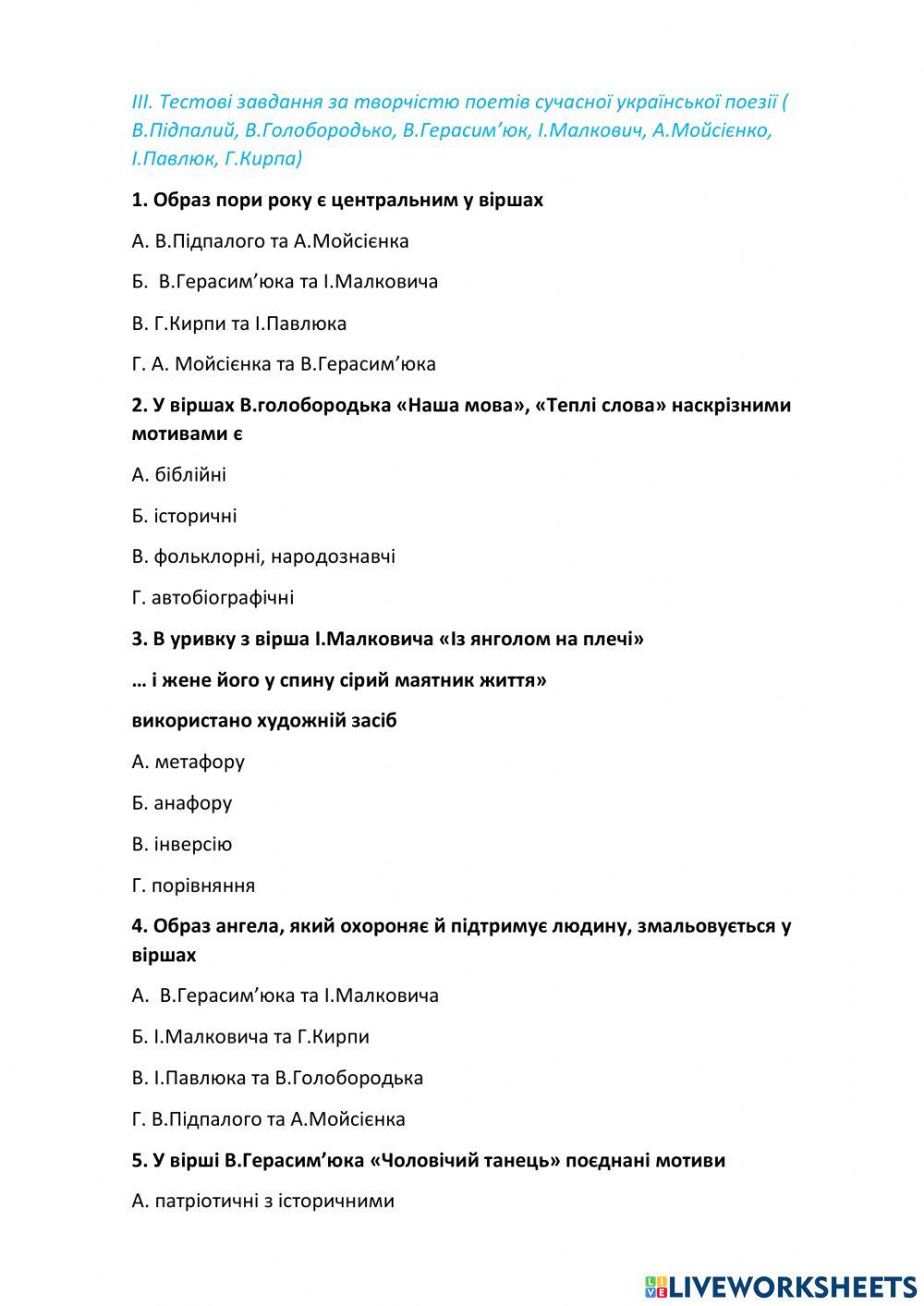 Контрольна робота з української літератури 8 клас