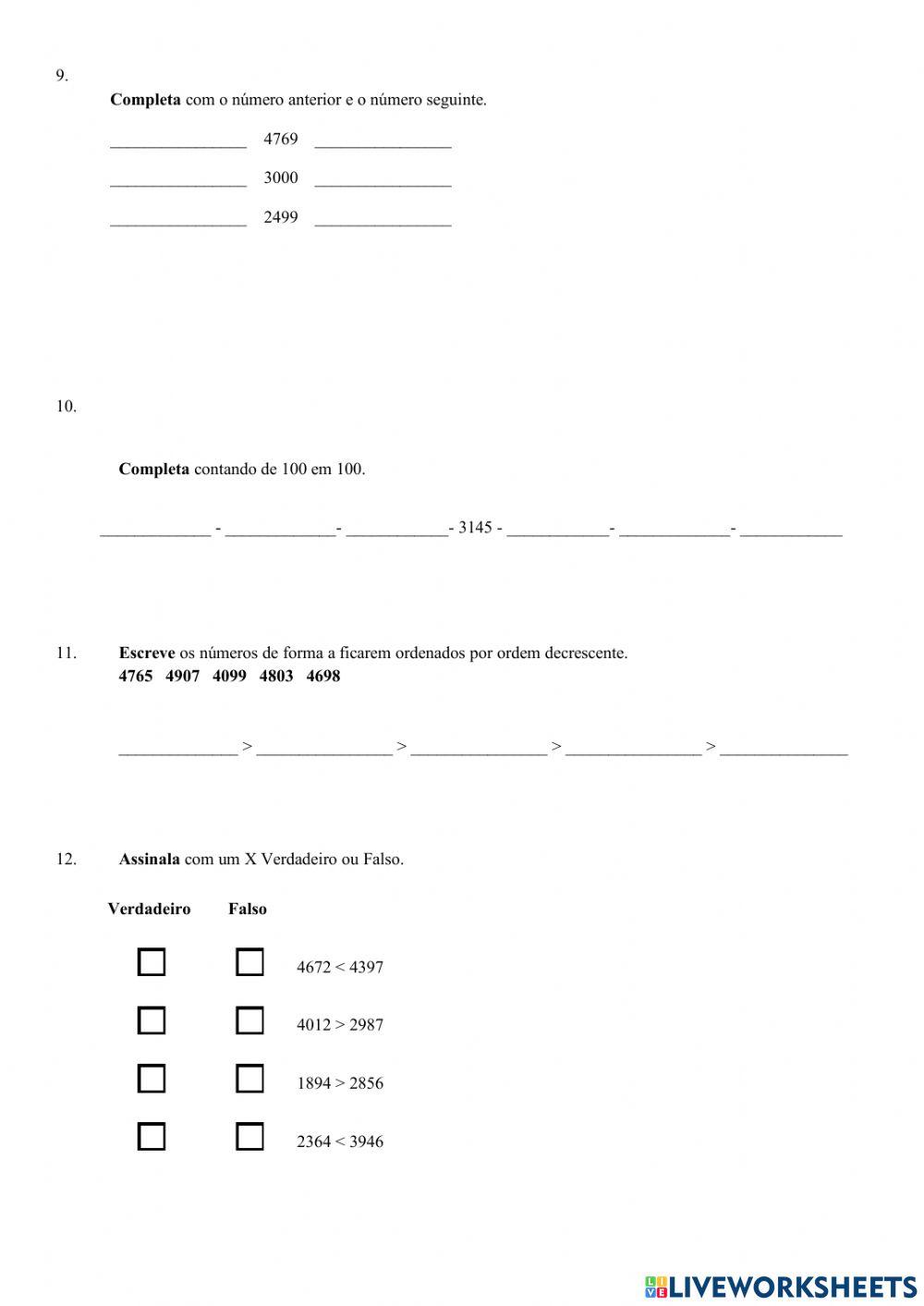 Ficha de avaliação de matemática 3ºano A
