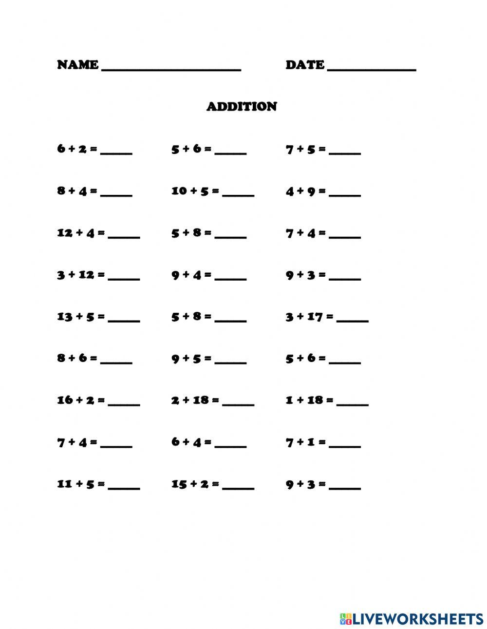Addition online exercise for 1 Live Worksheets