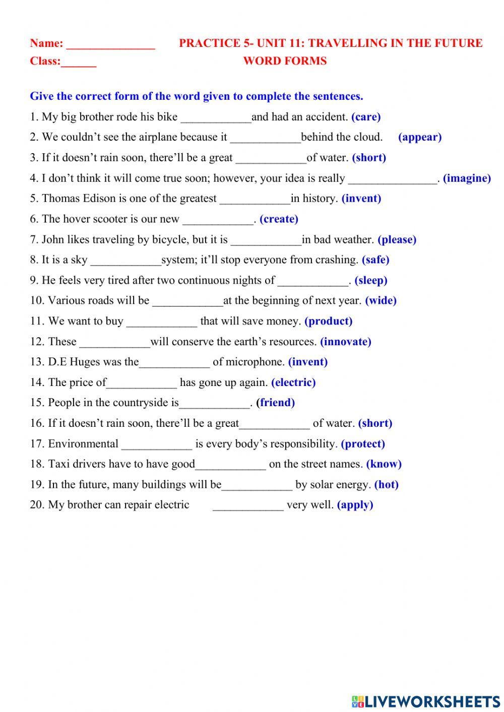 English 7 unit 11 word form