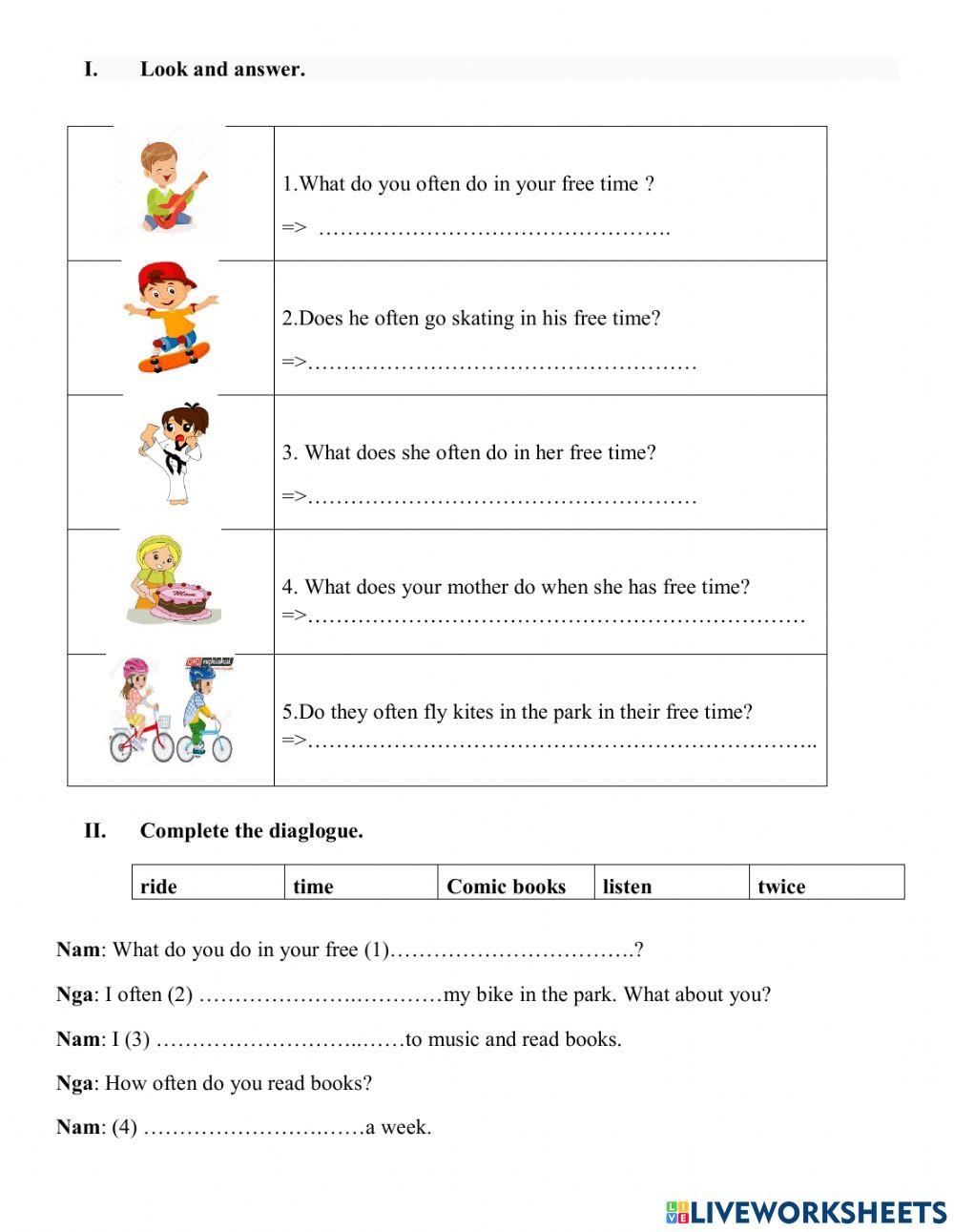 E5.L33.What do you do in your free time.HW worksheet | Live Worksheets