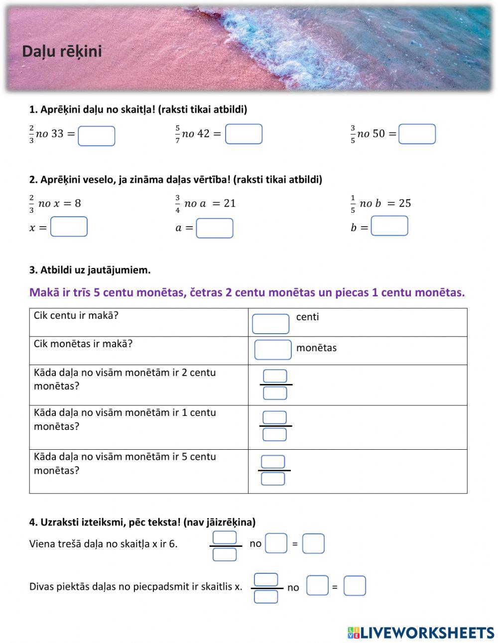 Daļa no skaitļa, veselā noteikšana