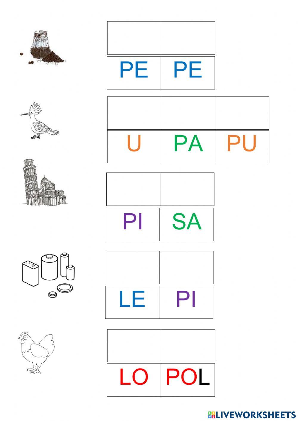 Riordina le sillabe: parole con sillabe p, m, l, s, r